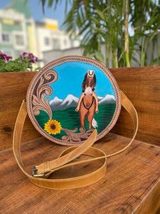 Nuevo monedero de cantimplora de cuero mecanizado a mano occidental, elegante bolso cruzado redondo de vaquera y girasol, bolsos de cuero genuino para mujer - Product Image 3