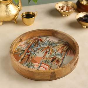 Circular <b>Wooden</b> <b>Tray</b> with Sticker Printed Servingware Premium Natural Serving <b>Decor</b> Multipurpose Organizer & Gift - Product Image 1