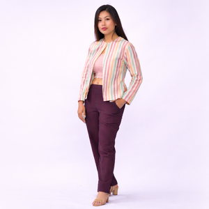 Conjunto de Blazer de Crepé con Múltiples Rayas y Pantalones Cortos de Pierna Ancha para Mujer - Product Image 1