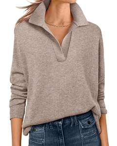 <b>Women</b> Taupe Collared V Neck Knit Sweater Long Sleeve Soft Casual Pullover Loose Fit Autumn Winter Daily Wear Top Fashion Chic - Product Image 1