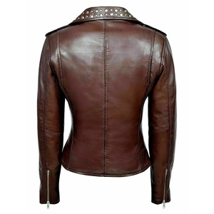 2025 Nueva chaqueta de motorista de piel de oveja auténtica para mujer 100% diseño elegante informal de cuero Real con tela de lona ropa de mujer - Product Image 3
