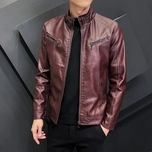 Otoño nueva moda de los hombres de alta calidad de piel de oveja chaqueta de motocicleta de cuero de lona de moda abrigo de jinete joven - Product Image 2