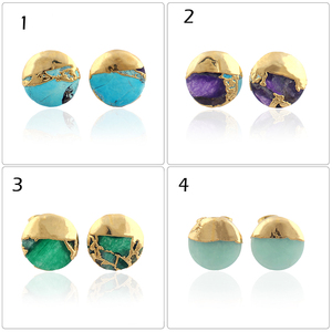 Minimalist Dainty <b>Earring</b> Round Shape Mohave Sky Blue Copper <b>Turquoise</b> Ear Post <b>Studs</b> Brass Gold Plated Casual Wear <b>Stud</b> <b>Earring</b> - Product Image 3