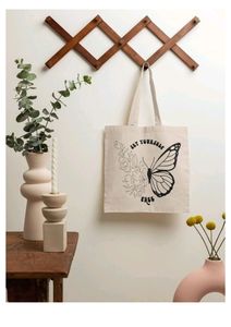 Sac fourre-tout en coton avec motif floral en ligne de dessin animé de papillon en crème, conçu pour un usage quotidien simple - Product Image 2