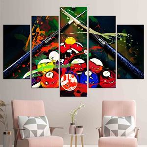 Art mural moderne en verre trempé sur le thème du billard : œuvre d'art imprimée sur toile, ensemble de 5 toiles Mx - Product Image 1