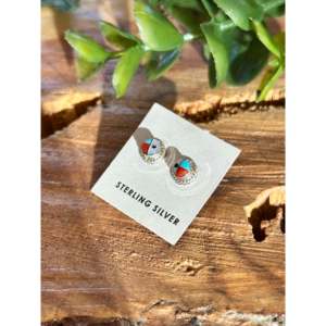 Zuni Handmade Geometric Multi Stone & Sterling <b>Silver</b> <b>Stud</b> Earrings - Product Image 3
