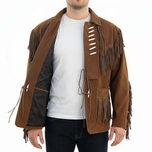 Men's Brown <b>Suede</b> Cowboy Leather <b>Jacket</b> With Fringe Turn-down Collar Casual Autumn Wear Regular Fit - Product Image 1