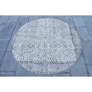 Alfombra Vintage, Alfombra Turca de 4.9x4.9 pies, Alfombra de Lana con Diseño Floral Gris - Product Image 1