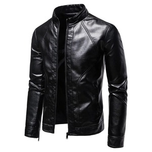 Chaqueta de cuero para motocicleta para hombre, diseño de cuello levantado para primavera y otoño, abrigo ajustado de piel de oveja a prueba de viento, negro sólido Biker J - Product Image 6