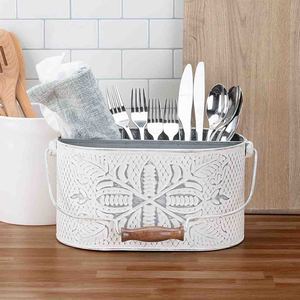 Caddy décoratif en métal avec motif floral en blanc fini avec compartiments séparés pour ustensiles de cuisine best-seller - Product Image 6
