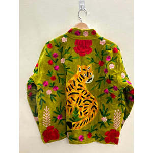 Hand Embroidered <b>Velvet</b> Jacket Women's Mandarin Collar Full Sleeve Tiger Floral Pattern Spring Casual Wear <b>Green</b> Wholesale - Product Image 2
