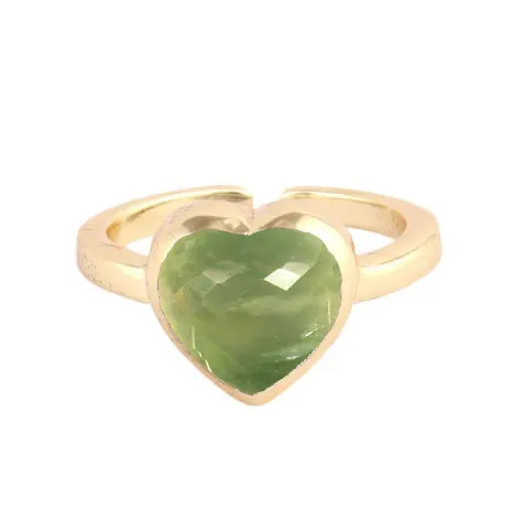 แหวนพรีไนท์ธรรมชาติ8มม. รูปหัวใจสีทองเวอร์เมอิล925สเตอร์ลิงตัวเรือนเงินปรับได้แหวนคริสตัลบำบัดปรับได้