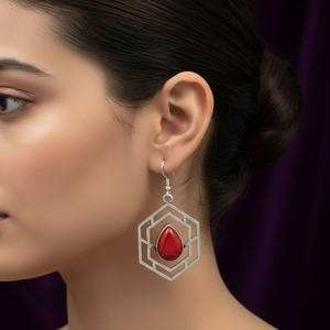 925 Sterling Silver Gold Plated Indian Hexagon Drop <b>Earrings</b> <b>Red</b> Onyx Stone | Trendy Party Handmade <b>Earrings</b> Wholesale Jewelry - Product Image 4