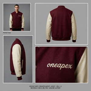 Blouson en laine bordeaux pour homme avec manches crème, logo personnalisé, col et poignets en tricot côtelé, fermeture à boutons-pression, style streetwear premium, veste bomber - Product Image 5
