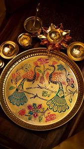 Ensemble de plateaux traditionnels dorés pour la Navratri Pooja, en laiton spécial, personnalisable, artisanat métallique pour Diwali, mariage, anniversaire - Product Image 2