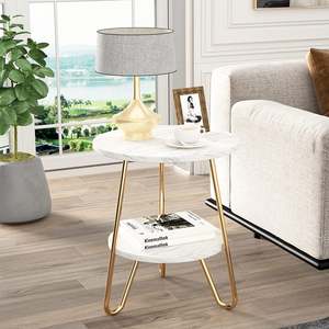 Marble End Table, Marble Top Side Table for Living Room, Gold Round Nightstand for Bedroom with 2 Layers of Storage <b>Shelf</b> - Product Image 2