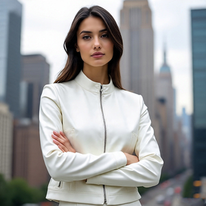 2025 New Plain Crop Style Genuine Leather Bomber <b>Jacket</b> Shearling Collar Women Leather <b>Jacket</b> Good Quality - Product Image 5