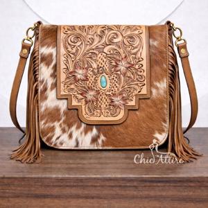 Sac à main en cuir sculpté à la main de style occidental, franges en cuir de vache, fourrure bohème vintage, sac à bandoulière fait à la main, sacs élégants - Product Image 1