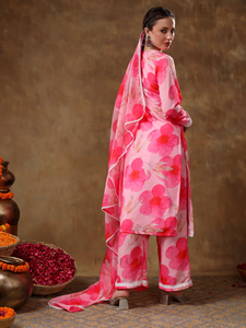 MERAKI MAYA FLORAL ROSA MUSELINA KURTA SET CON ORGANZA DUPATTA Mujer Kurta Set | Conjunto Étnico - Product Image 5