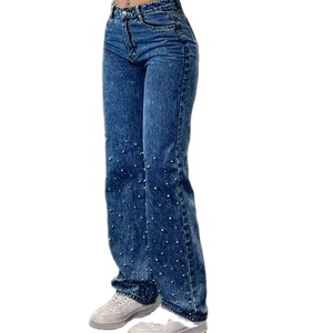 Jeans de Mujer de Cintura Alta con Pedrería, Pierna Ancha, Ajuste Holgado, Pantalones de Mezclilla Azul, Moda Casual Urbana - Product Image 3