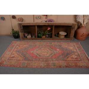 Vintage Turkish Rug <b>Red</b> Yellow Patchwork Design Large Area 3.4 X 7.5ft Wool <b>Material</b> with Latex Backing for Hallway Bedroom - Product Image 4