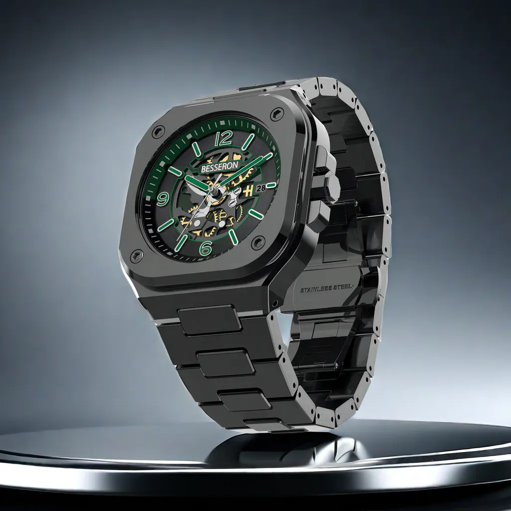 Relógio automático de aço inoxidável OEM ODM esqueleto com pulseira de borracha para homens, relógio de pulso exclusivo para fabricante de relógios