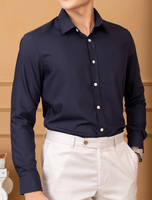Kemeja pria lengan panjang, baju bisnis Formal pria, baju elastis 4 arah, kemeja panjang Solid, Kemeja Button Down