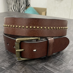 Vintage Brown Leather Belt <b>for</b> <b>Men</b> with Brass <b>Stud</b> Detailing & Antique Metal Buckle - Product Image 1