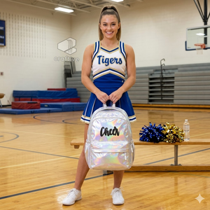 Sac à dos holographique pour cheerleading avec logo brodé, sac scolaire brillant multi-usages et sac de pratique de danse pour filles - Product Image 6