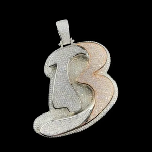 925 <b>Silver</b> Designer Two Tone B <b>letter</b> Pendant Iced Out Diamond Look Hip Hop <b>Necklace</b> Rapper Style Jewelry - Product Image 1