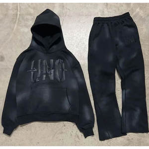 Custom Logo Stacked Flared Sweatpants and Hoodie Set Acid <b>Wash</b> 3D Puff Print Distressed Tracksuit by Elegant Sports - Product Image 1