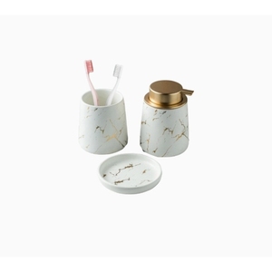 Juego de Baño de Cerámica con Efecto Mármol Blanco, Dispensador de Jabón de 400 ml, Portacepillos de Dientes y Jaboneras Recargables - Product Image 1