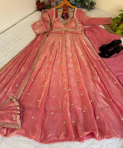 DESIGNER FENDY SATIN SEQUENCE EMBROIDERY WORK GOWN BOTTOM DUPATTA WEDDING WEAR WHOLESALE PRICE ETHNIC GARMENT BABY PINK COTTON - Product Image 3