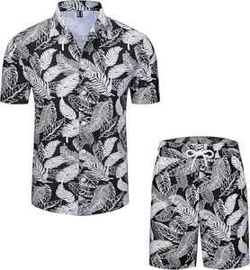 Ensemble chemise hawaïenne pour homme en coton et rayonne, manches courtes, deux pièces, pour les vacances d'été, vente en gros, pas cher, personnalisable - Product Image 1
