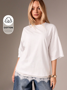 Oversized <b>White</b> Lace Hem Layered <b>Tee</b> Women's Shirts Loose Drop Shoulder Short Sleeve Cotton T-Shirt Crewneck Casual Blouses ODM - Product Image 4