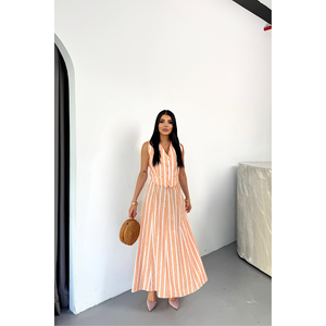 Ensemble veste et jupe longue en lin rayé pour femme en orange - Product Image 6