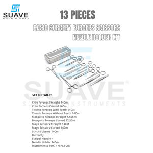 Kit d'instruments de chirurgie de base 13 pièces Pinces en acier inoxydable Ciseaux Porte-aiguille SUAVE INSTRUMENTS SURGICAUX - Product Image 2