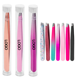 Juego de pinzas profesionales para cejas de acero inoxidable con punta inclinada de precisión, instrumento de vello facial encarnado con etiqueta privada - Product Image 1