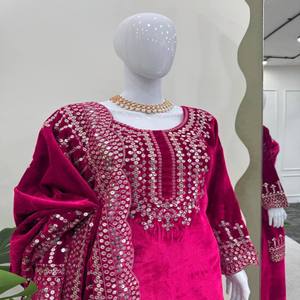 Conjunto de traje de terciopelo de viscosa rica con hilo y secuencia Diseñador DE TRABAJO Plazo y Dupatta de encaje para ocasiones especiales - Product Image 6