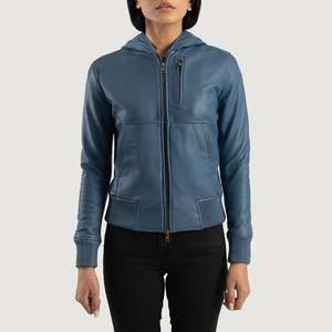 Blouson Bomber en Cuir Véritable Bleu GLOBAL LEATHER avec Capuche, Écologique, Style Urbain, Manches Longues, Fermeture Éclair, Vêtement d'Automne pour Femme - Product Image 1