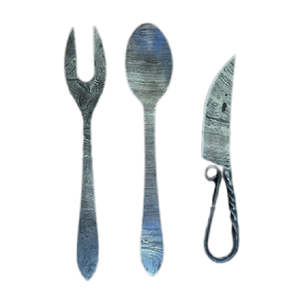 Ensemble de couverts en acier damas forgé à la main avec gaine Cadeau pour lui Cadeau pour elle Camping Chasse Pêche Cadeau de Noël - Product Image 1