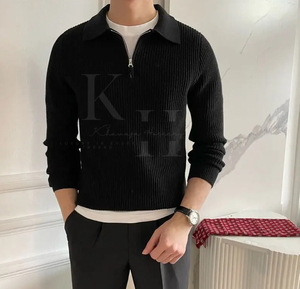 Vente de gros Pull-over en tricot personnalisé à manches longues pour hommes avec logo avant respirant à col rabattu simple pour l'hiver - Product Image 2