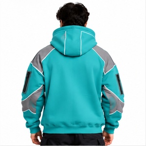 <b>Mens</b> Teal Color Hoodie With <b>Grey</b> Panels Contrast Piping Sleeve Zipper Pockets And Kangaroo Pocket For Casual Streetwear Clothing - Product Image 2