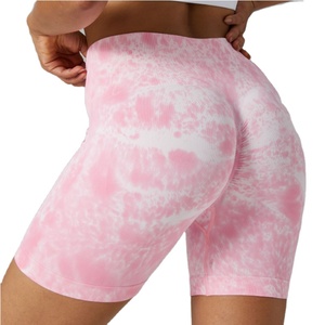 Pantalones cortos deportivos de Yoga para mujer de alta calidad, pantalones cortos deportivos de cintura alta con tinte de corbata sin costuras con decoración de bolsillo elástico - Product Image 3