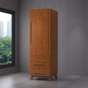 Nordic Teak <b>Wardrobe</b> on Tapered Legs | Minimalist 2 <b>Drawer</b> Armoire Crafted <b>for</b> Bedroom - Product Image 1