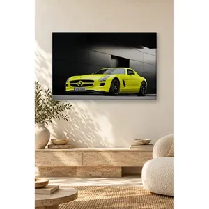 Impression sur toile de Fida avec une Mercedes SLS jaune néon devant une murale noire - Product Image 1