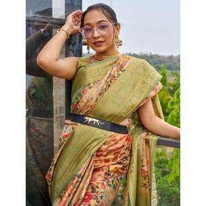 Sari de Organza con Estampado Floral Verde para Mujer, Conjunto Atractivo para Festivales - Product Image 3
