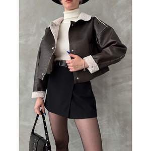 Wholesale Women's Nubuck <b>Fur</b> Collar <b>Coats</b> Faux <b>Leather</b> Outerwear Collection - Product Image 4