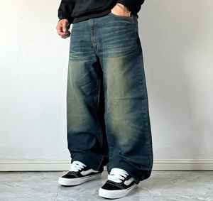 Jeans vintage délavés à l'acide pour hommes, coupe droite, ample et baggy, grande taille, avec logo personnalisé brodé, style streetwear - Product Image 2