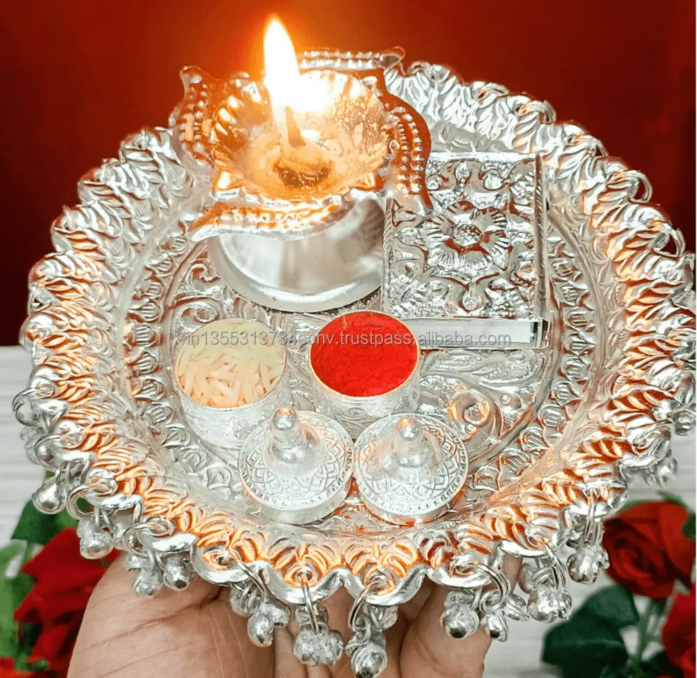 Swastik Diya Kumkum kutusu ile alman gümüş Puja Thali kibrit kutusu kapak Aarti Thali karşılık hediyesi hint düğün Favor